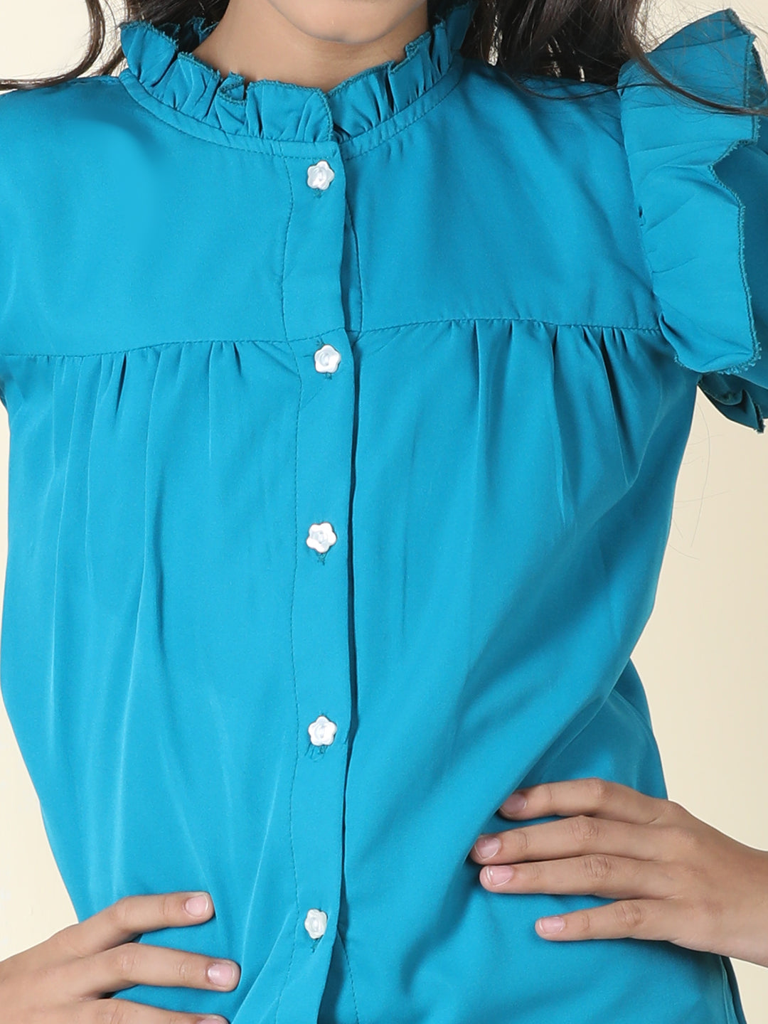 Cutiekins Girls Shirt Style Solid Embellished Top -Teal