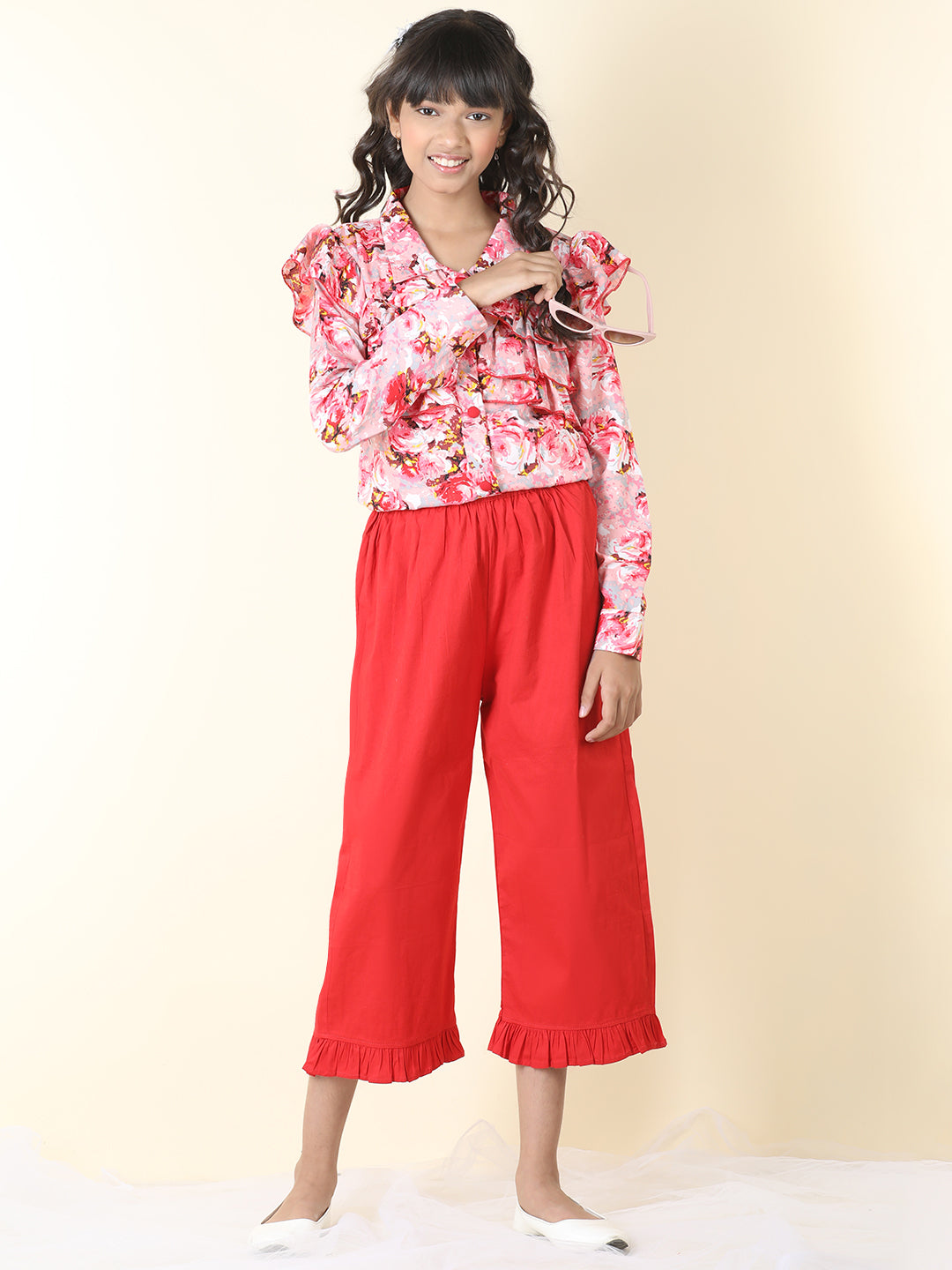 Cutiekins Girls Shirt Style Printed Top With Solid Capri -Pink & Red