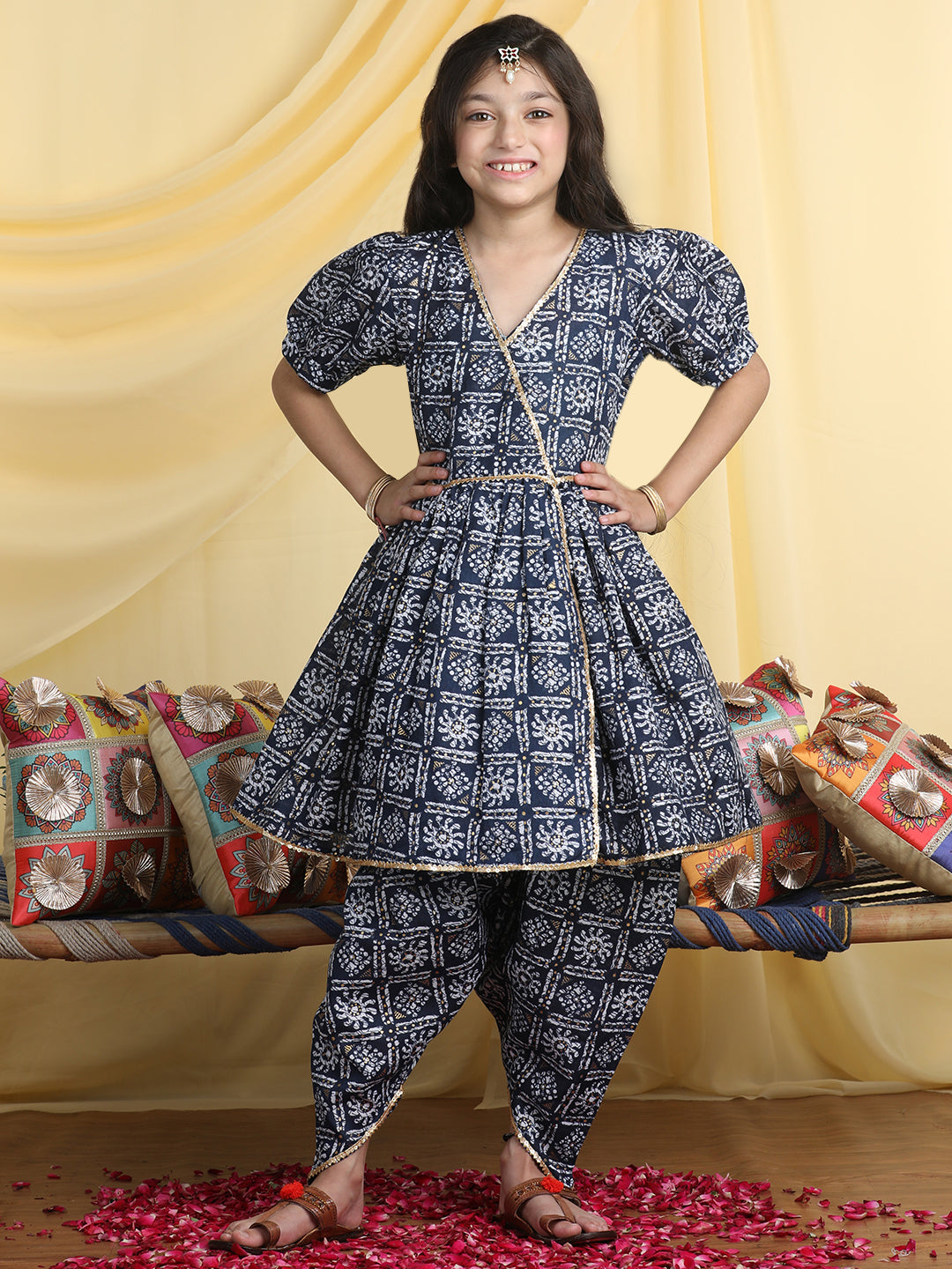 Cutiekins Girls Ethnic Motifs Printed Regular Gotta Patti Kurta with Dhoti Pant -Navy Blue & Off White