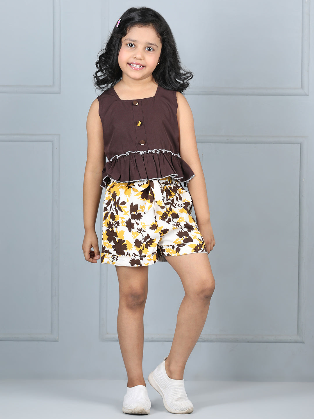 Cutiekins Girls Solid Embellished Top With Printed Shorts -Coffee Brown & Off White