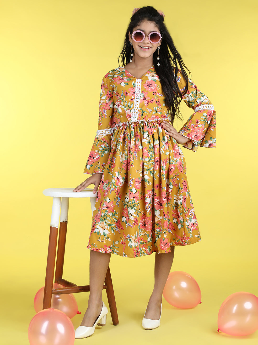 Cutiekins V-Neck Printed Flared Dress-Mustard & Pink