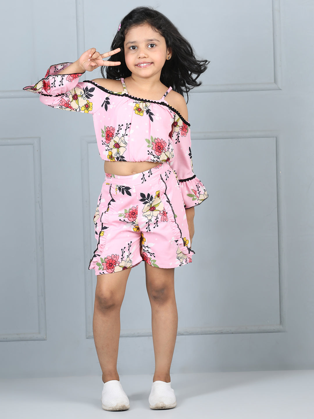 Cutiekins Girls Floral Printed Embellished Top With Printed Shorts -Pink & Multi