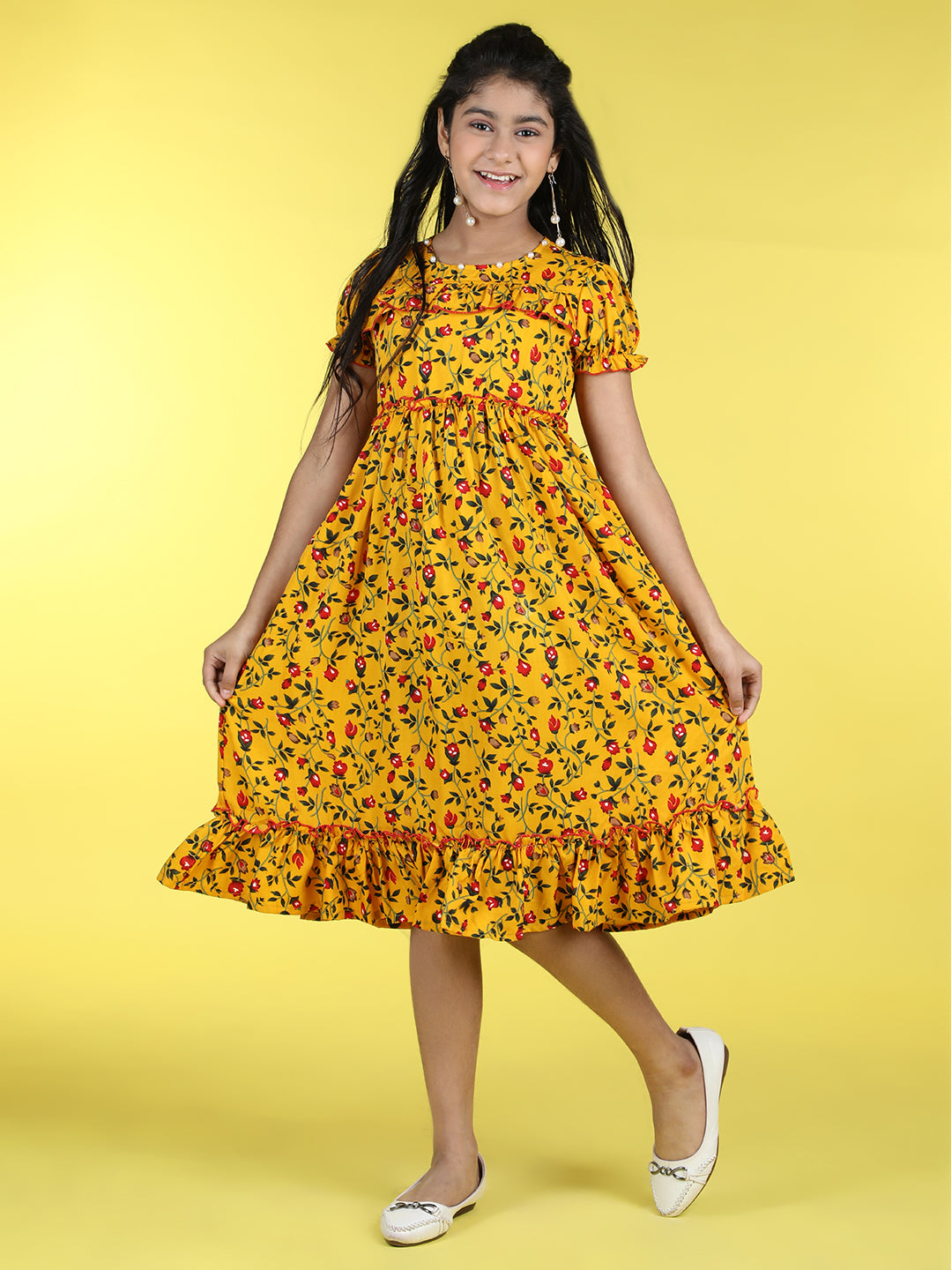 Cutiekins Round Neck Printed Flared Dress-Mustard & Red