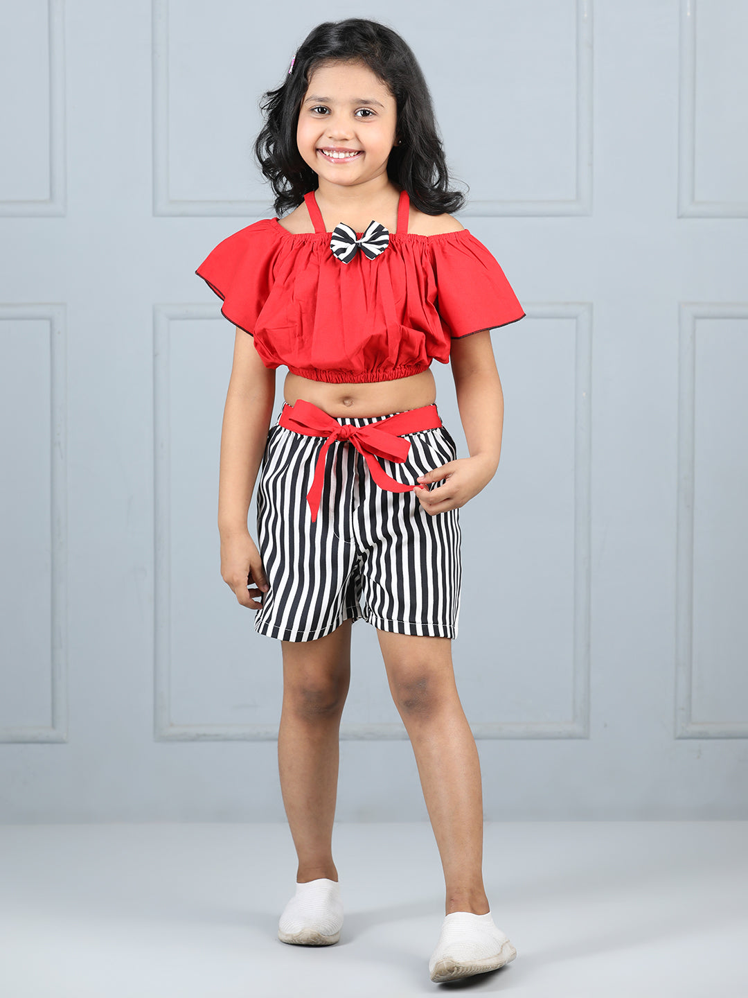 Cutiekins Girls Solid Embellished Top With Striped Shorts -Red & Black