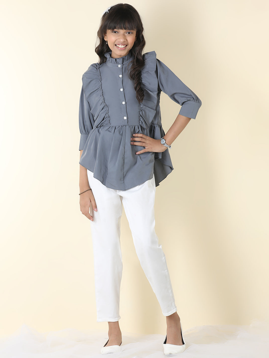 Cutiekins Girls Shirt Style Solid Top With Solid Trouser -Grey & White