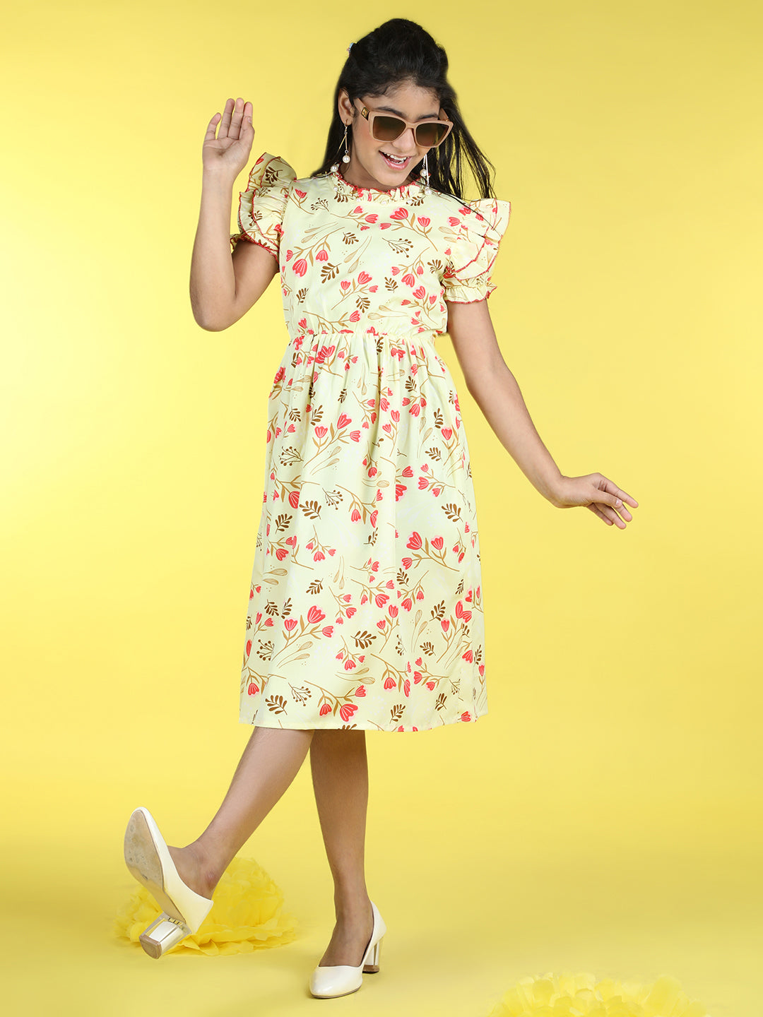 Cutiekins Mandarin Collar Printed Flared Dress-Yellow & Pink