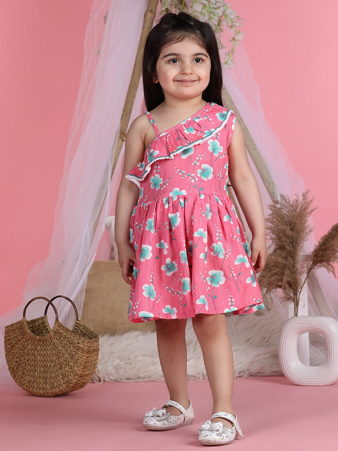 Cutiekins One Shoulder Printed Flared Dress-Pink & White