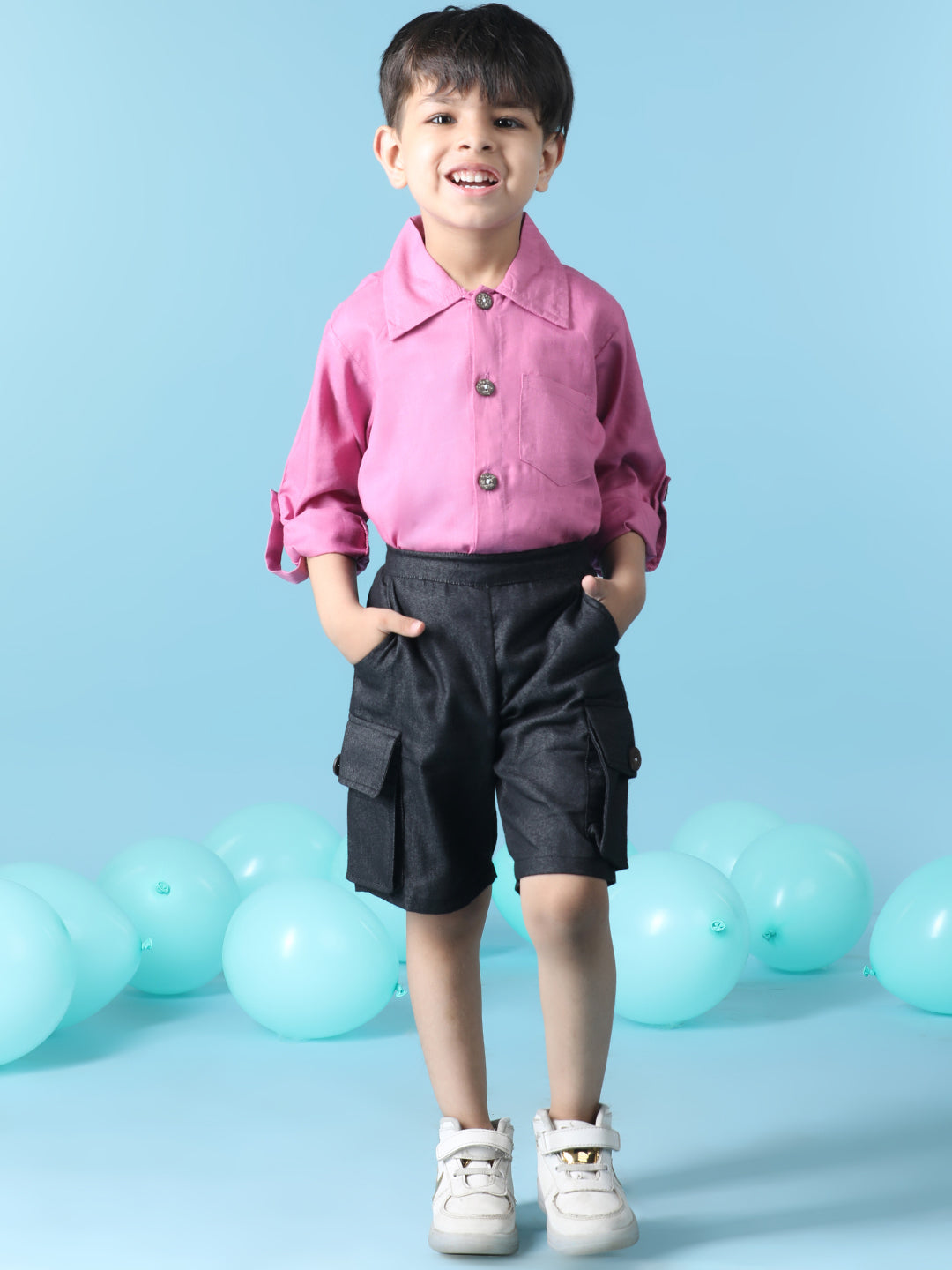 Cutiekins Boys Solid Shirt With Solid Denim Cargo Short -Neon Pink & Black