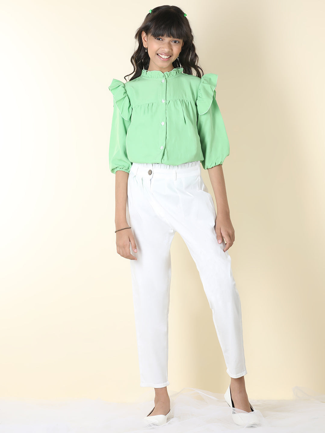 Cutiekins Girls Shirt Style Solid Top With Solid Trouser -Green & White