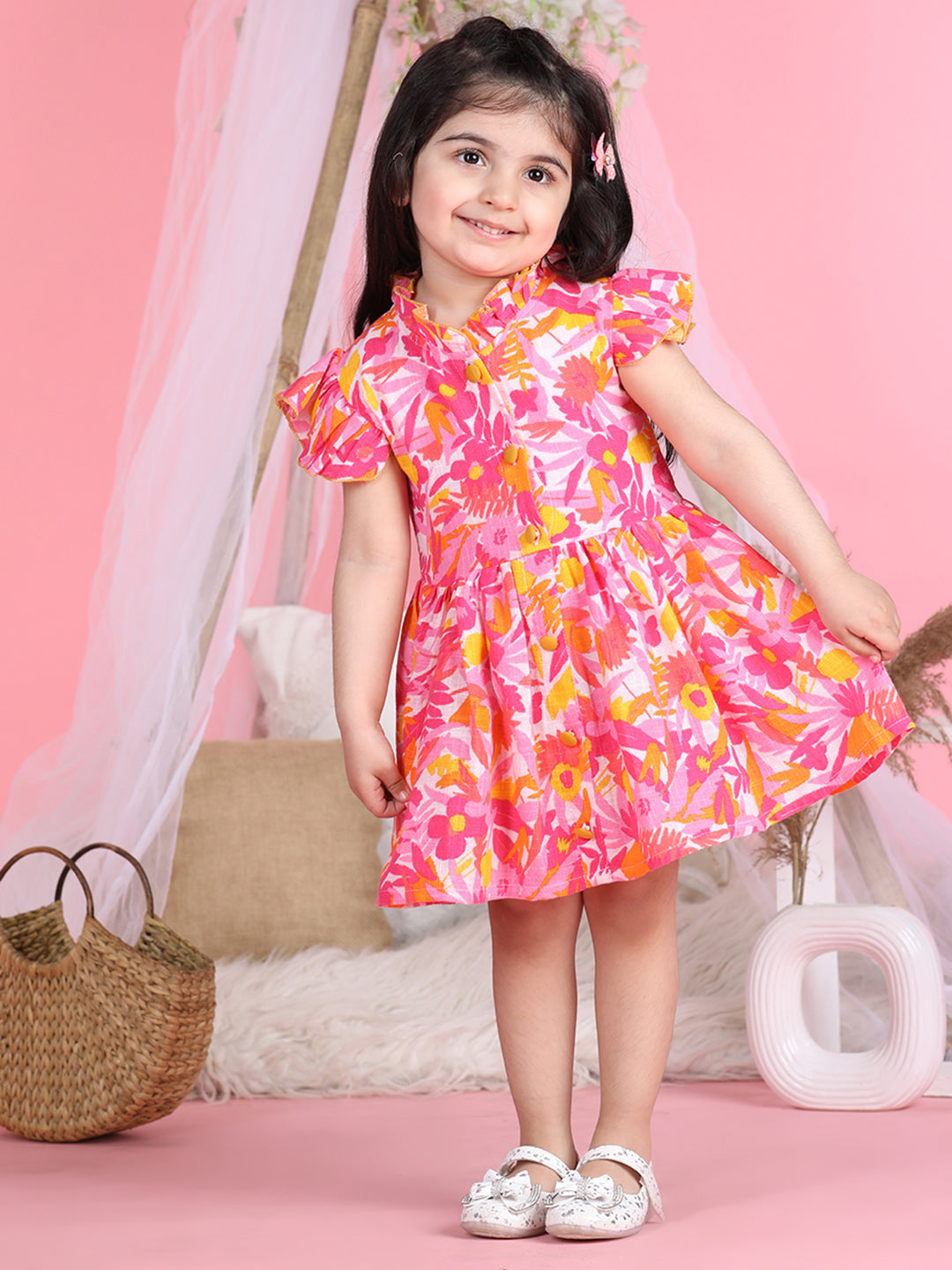 Cutiekins Mandarin Collar Printed Flared Dress-Pink & Yellow