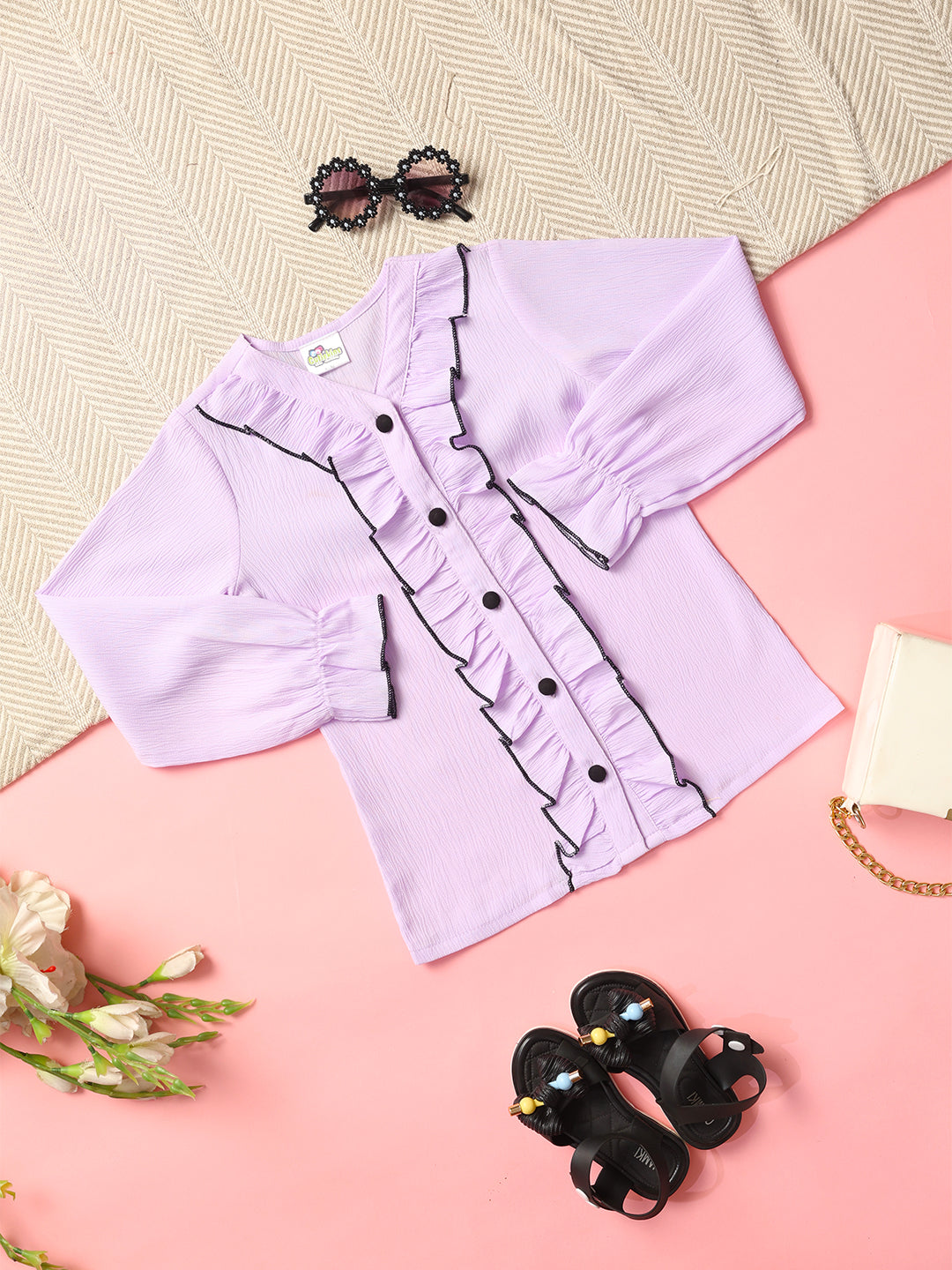 Cutiekins Girls Shirt Style Embellished Top -Lavender & Black