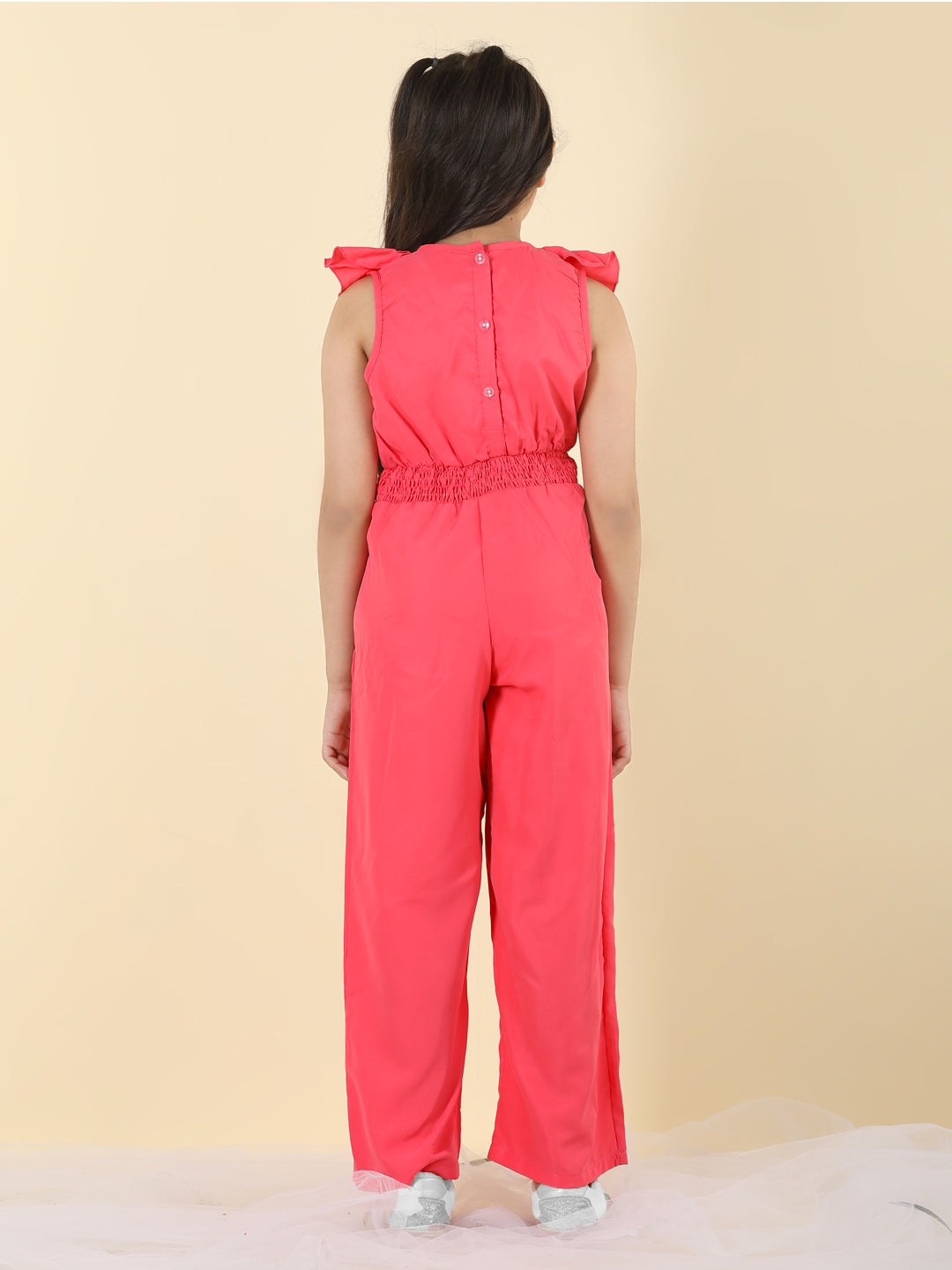 Cutiekins Girls V-Neck Solid Embellished Jumpsuit -Pink