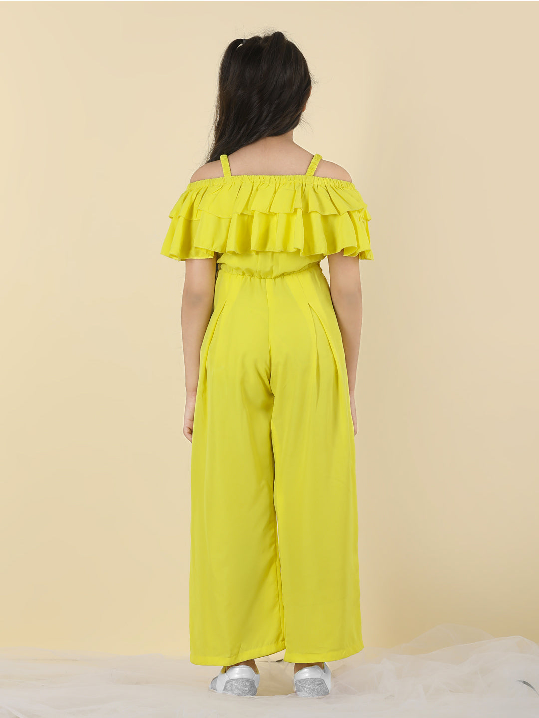 Cutiekins Girls Shoulder Strap Solid Embellished Jumpsuit -Yellow