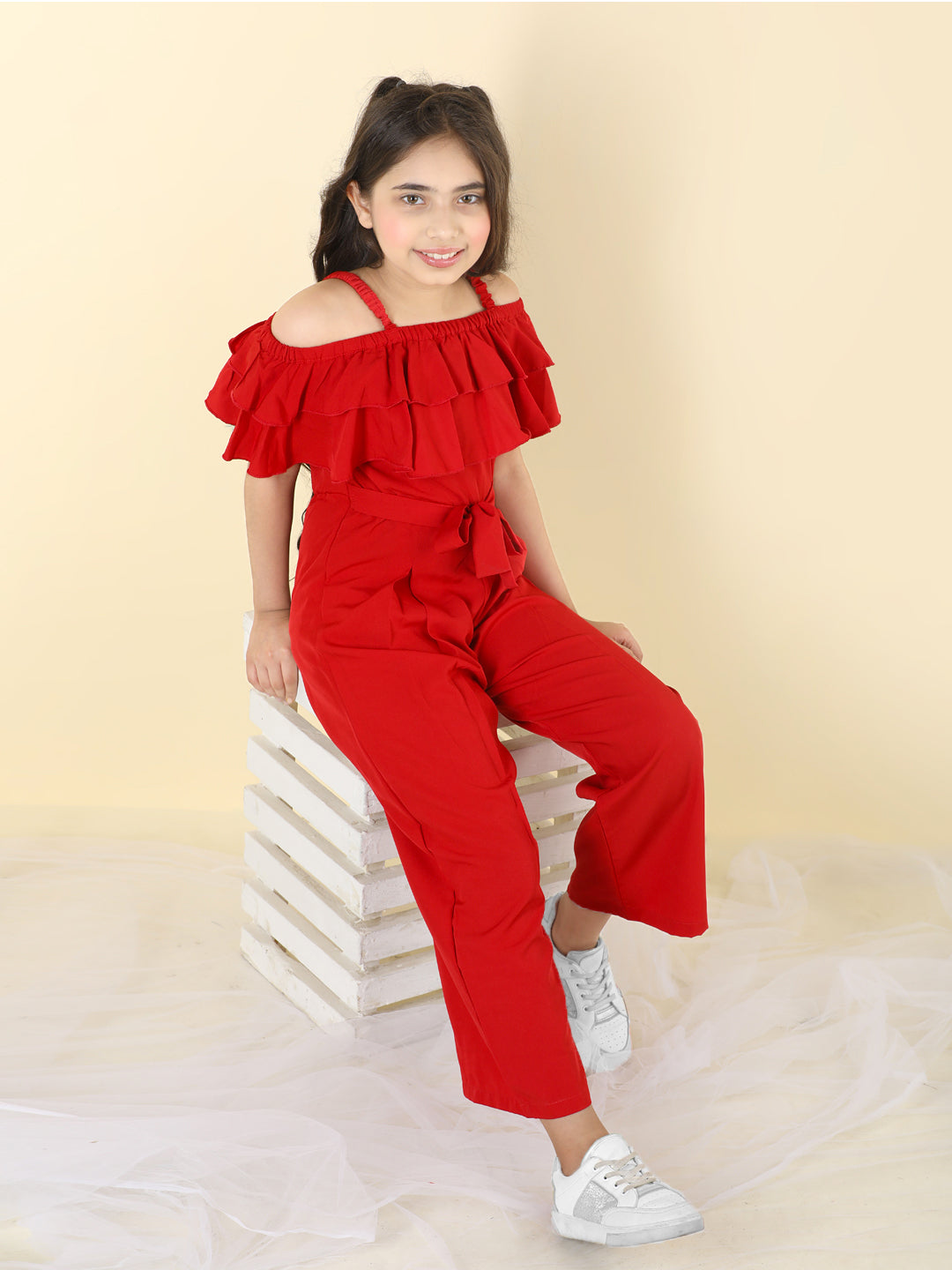 Cutiekins Girls Shoulder Strap Solid Embellished Jumpsuit -Red