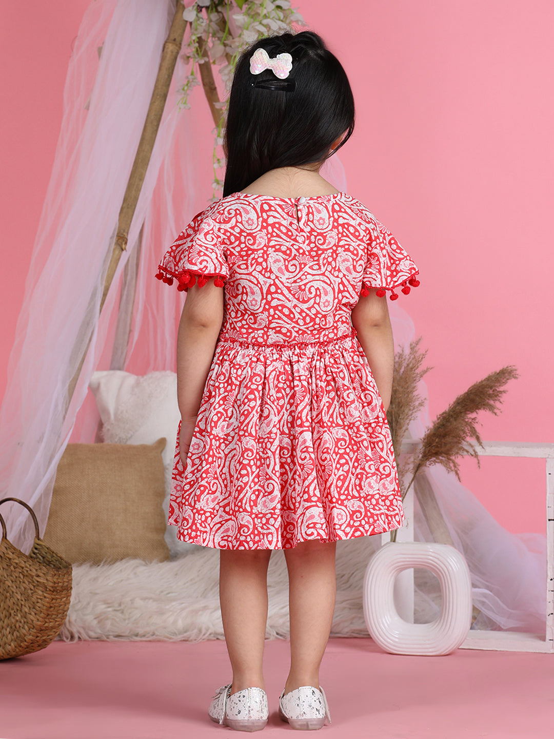 Cutiekins Round Neck Printed Flared Dress-Red & White