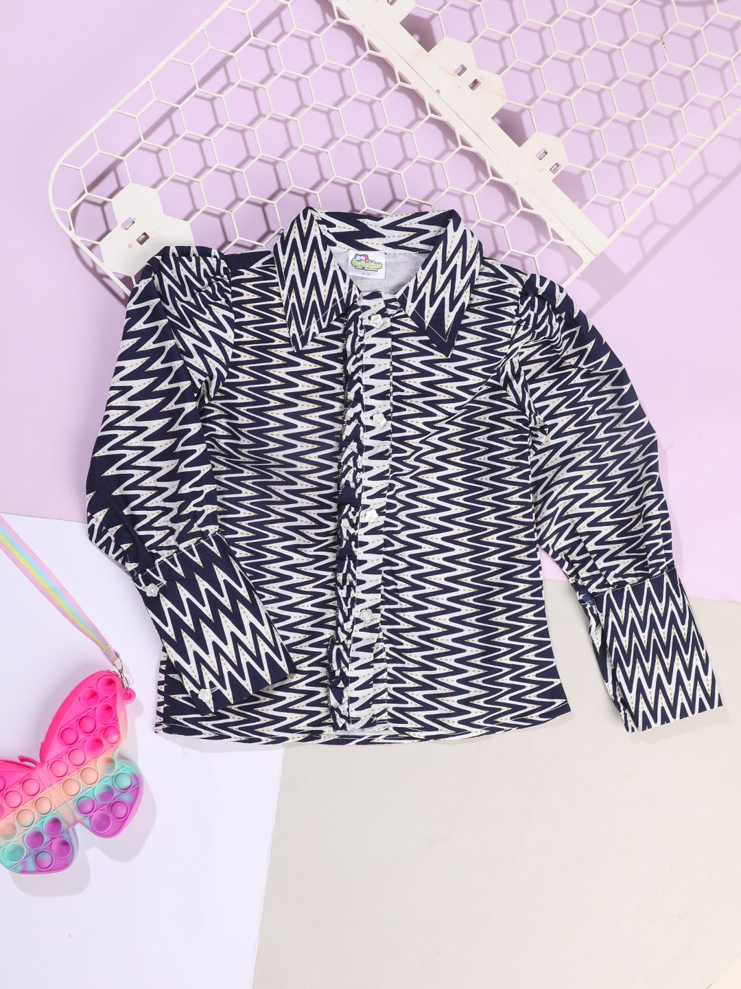 Cutiekins Girls Shirt Style Chevron Print Top -Navy Blue & White