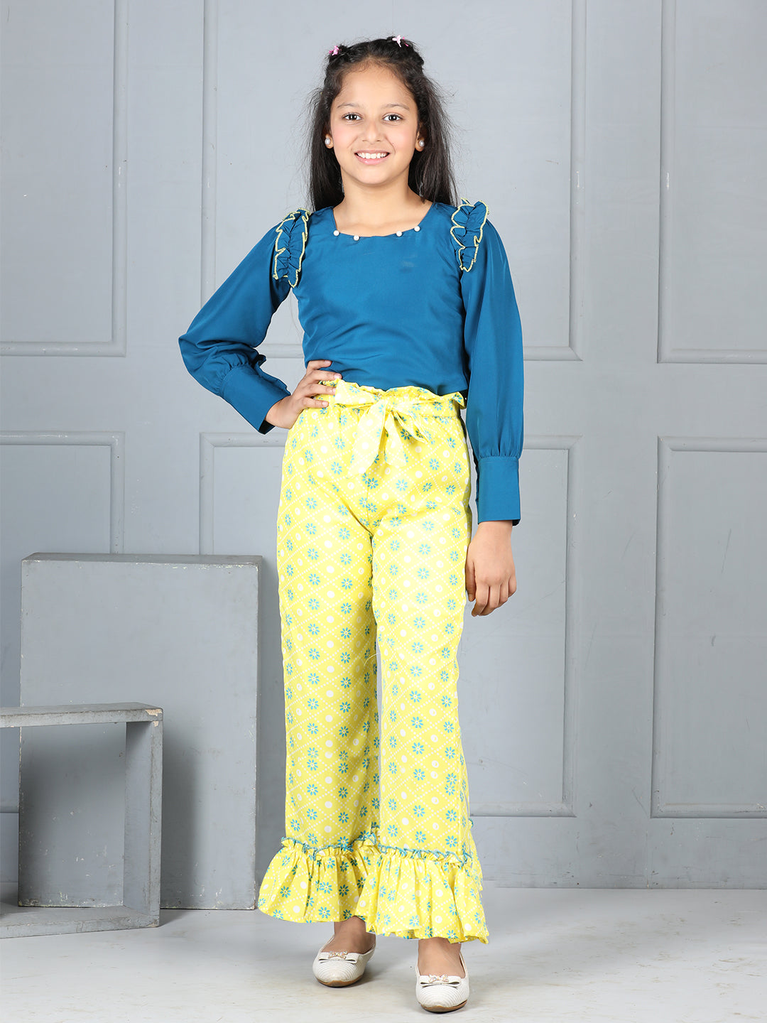 Cutiekins Girls Solid Embellished Top With Printed Trouser -Teal Blue & Yellow