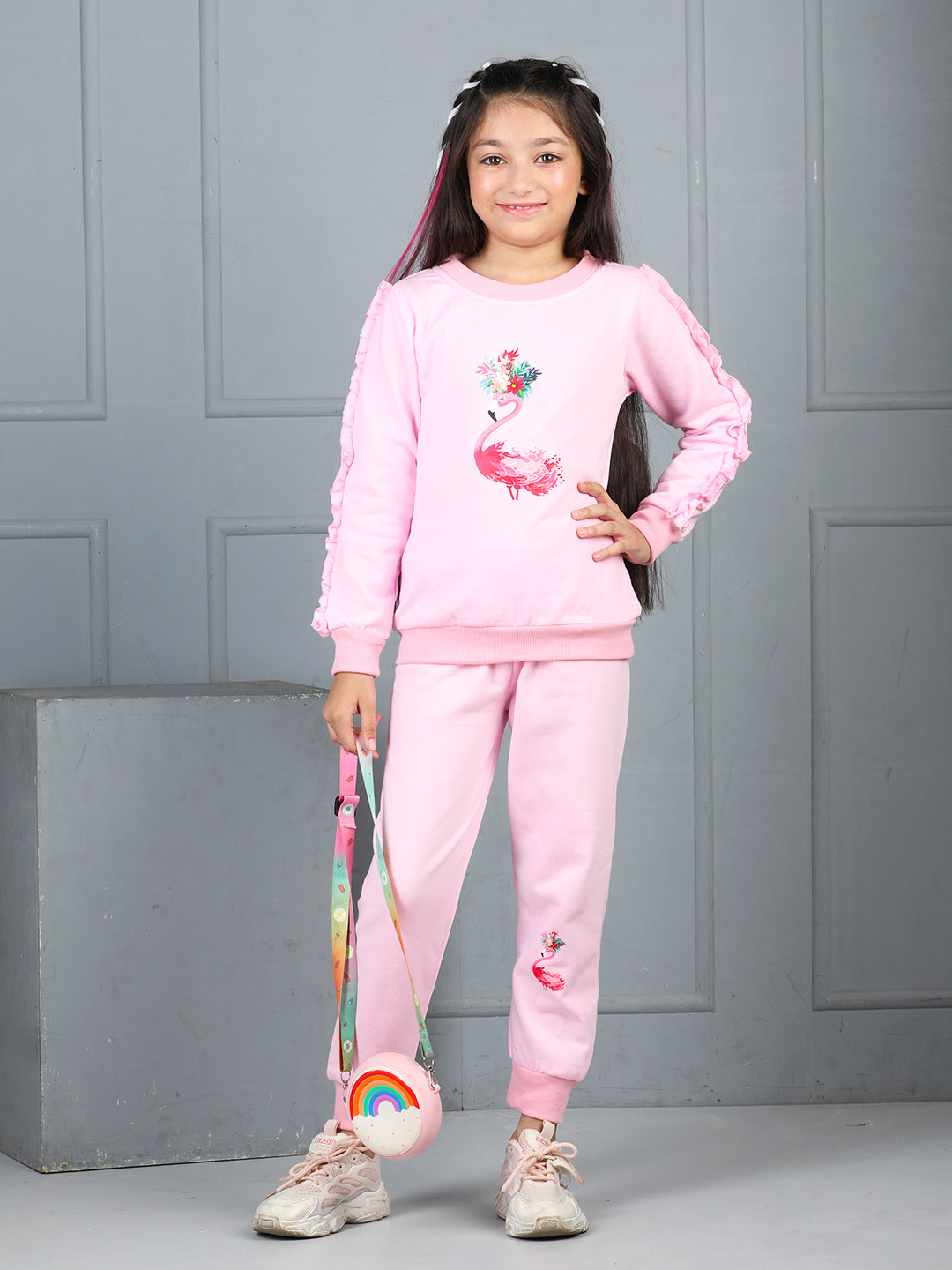 Cutiekins Girls Graphic Print and Embellished Cozy Tracksuit -Light Pink & Blue