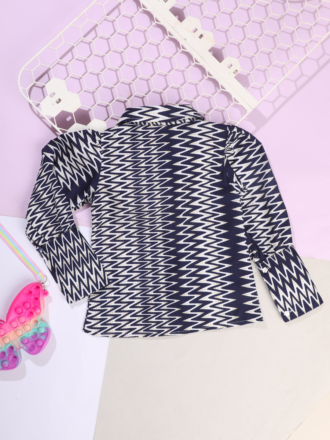 Cutiekins Girls Shirt Style Chevron Print Top -Navy Blue & White