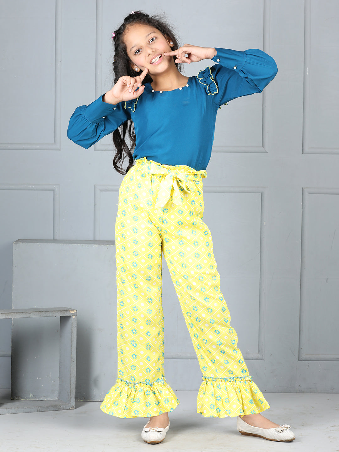 Cutiekins Girls Solid Embellished Top With Printed Trouser -Teal Blue & Yellow