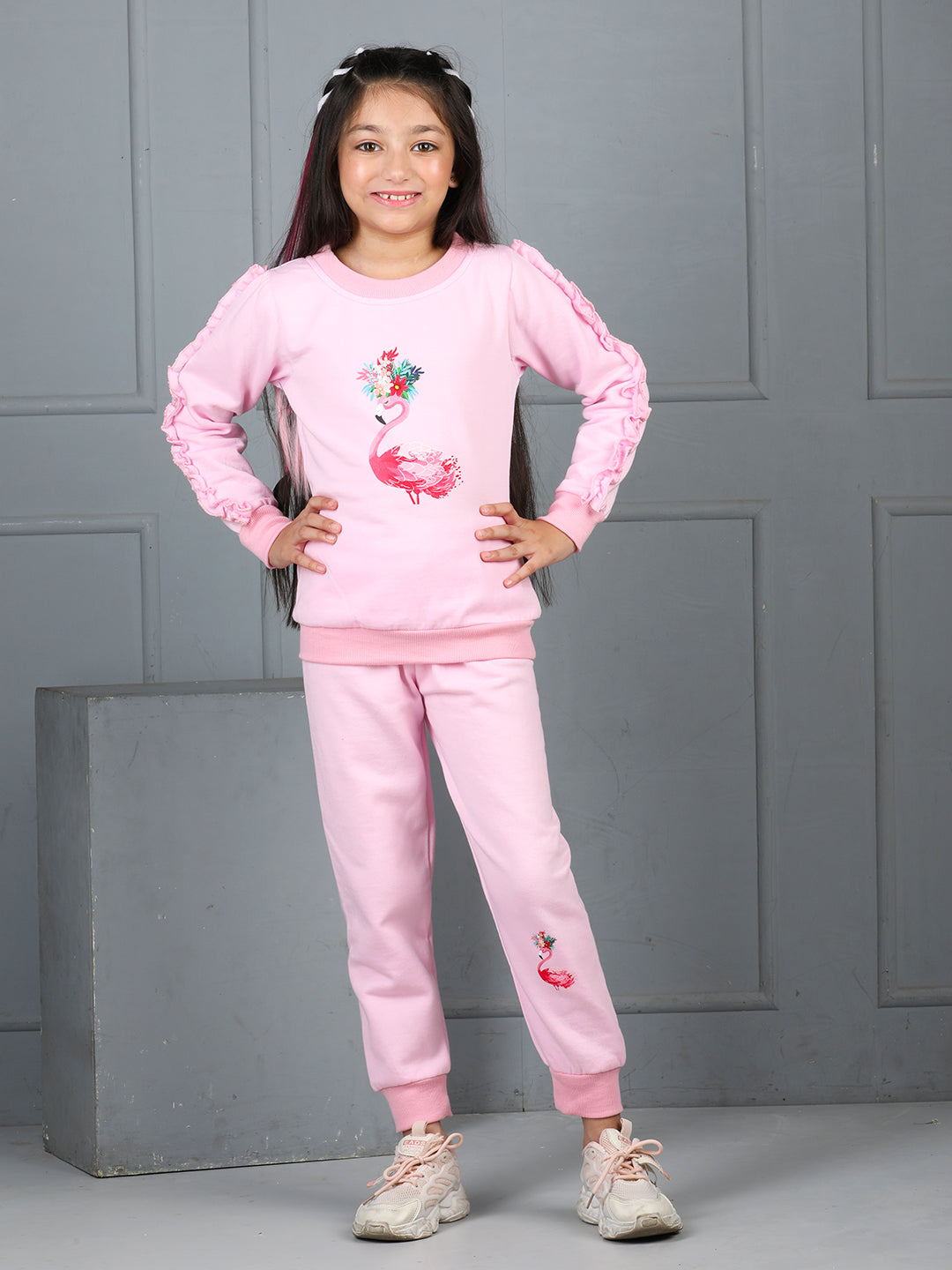 Cutiekins Girls Graphic Print and Embellished Cozy Tracksuit -Light Pink & Blue