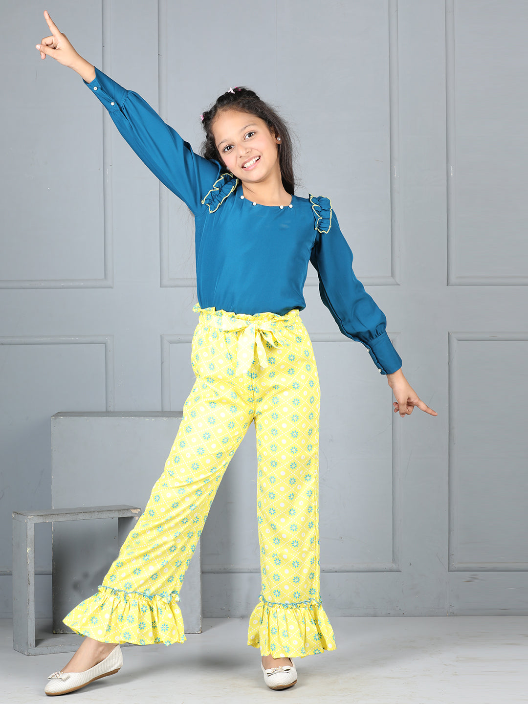 Cutiekins Girls Solid Embellished Top With Printed Trouser -Teal Blue & Yellow