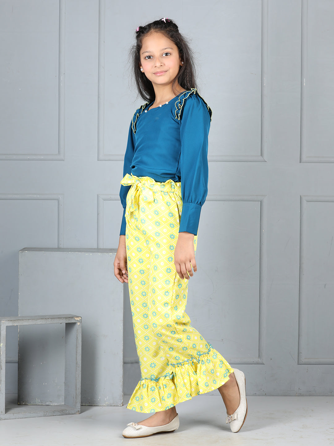 Cutiekins Girls Solid Embellished Top With Printed Trouser -Teal Blue & Yellow