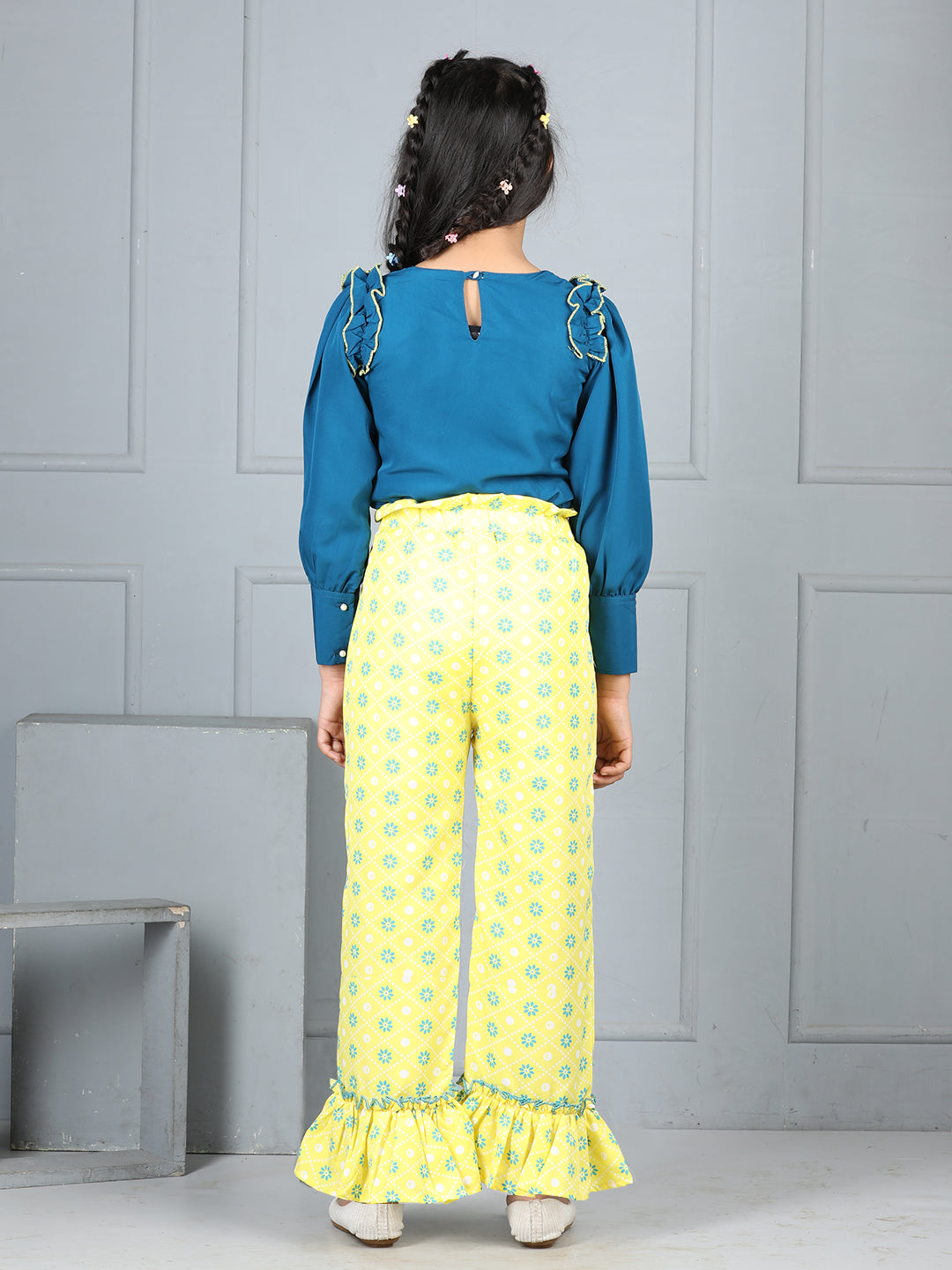 Cutiekins Girls Solid Embellished Top With Printed Trouser -Teal Blue & Yellow