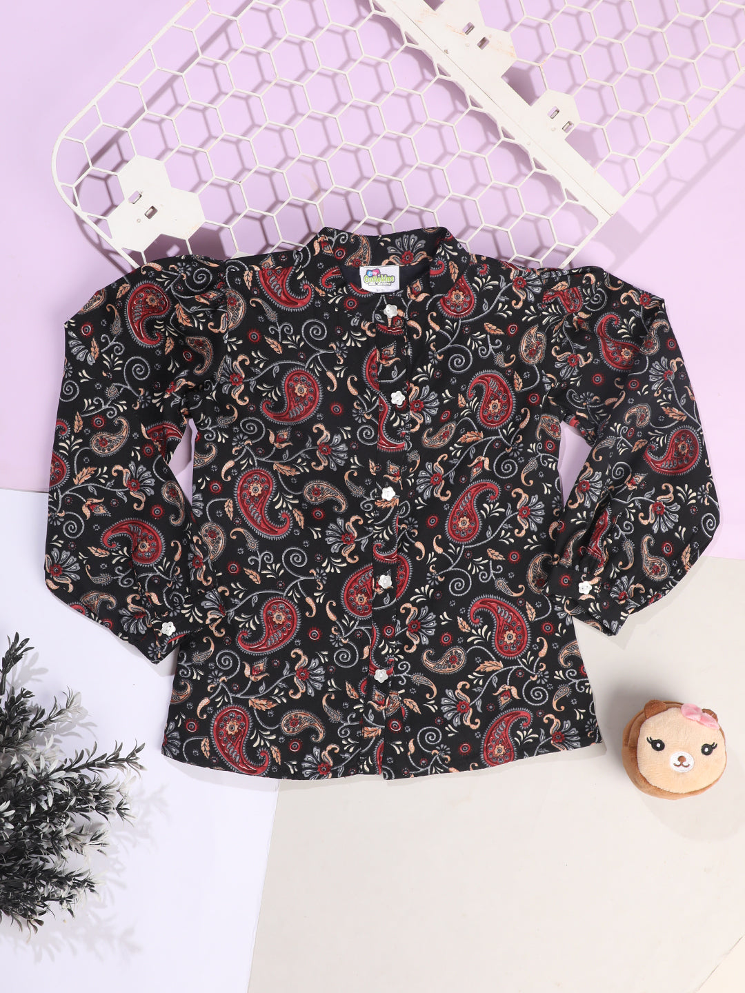 Cutiekins Girls Shirt Style Paisley Printed Top -Black & Maroon