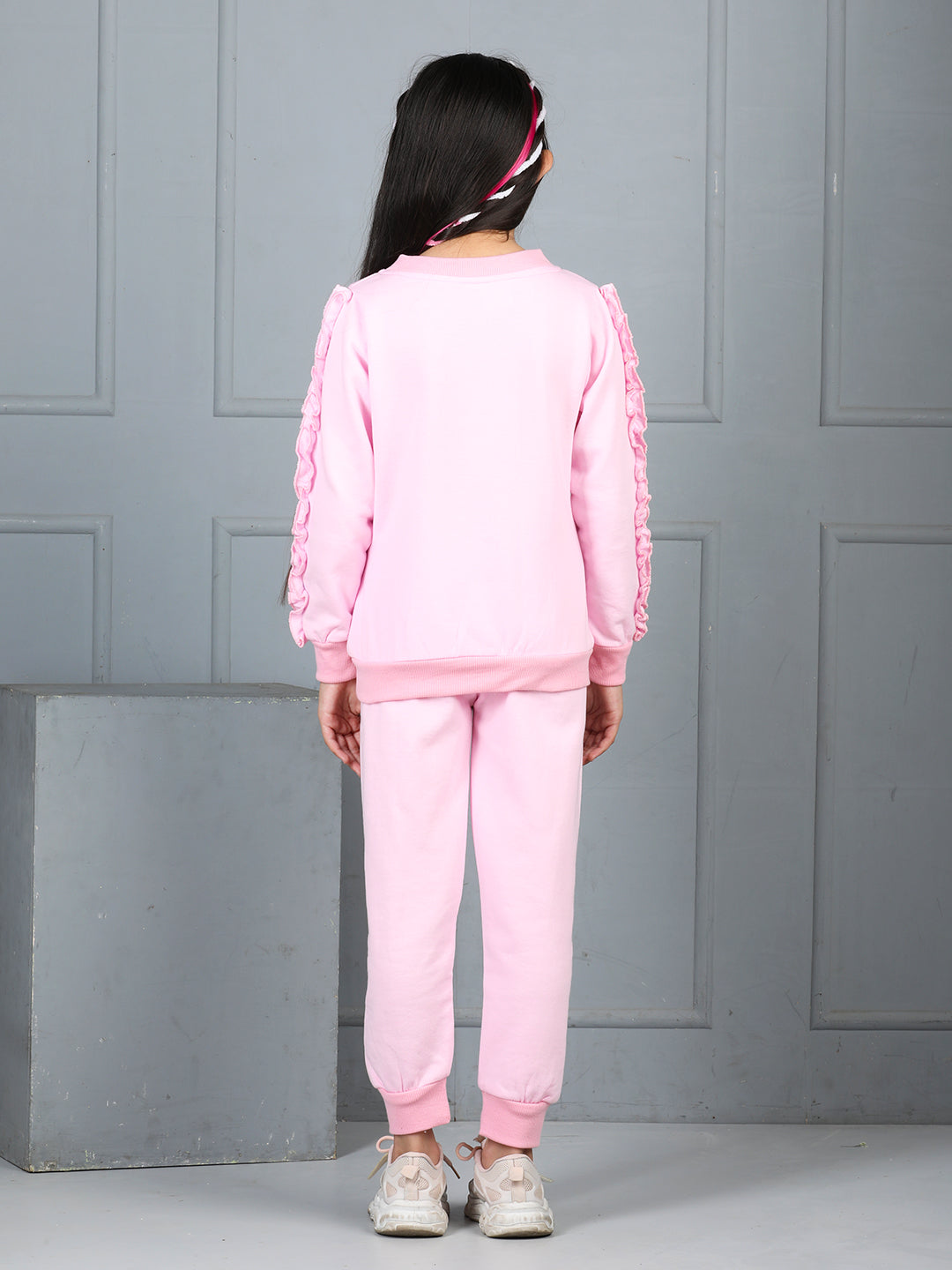 Cutiekins Girls Graphic Print and Embellished Cozy Tracksuit -Light Pink & Blue