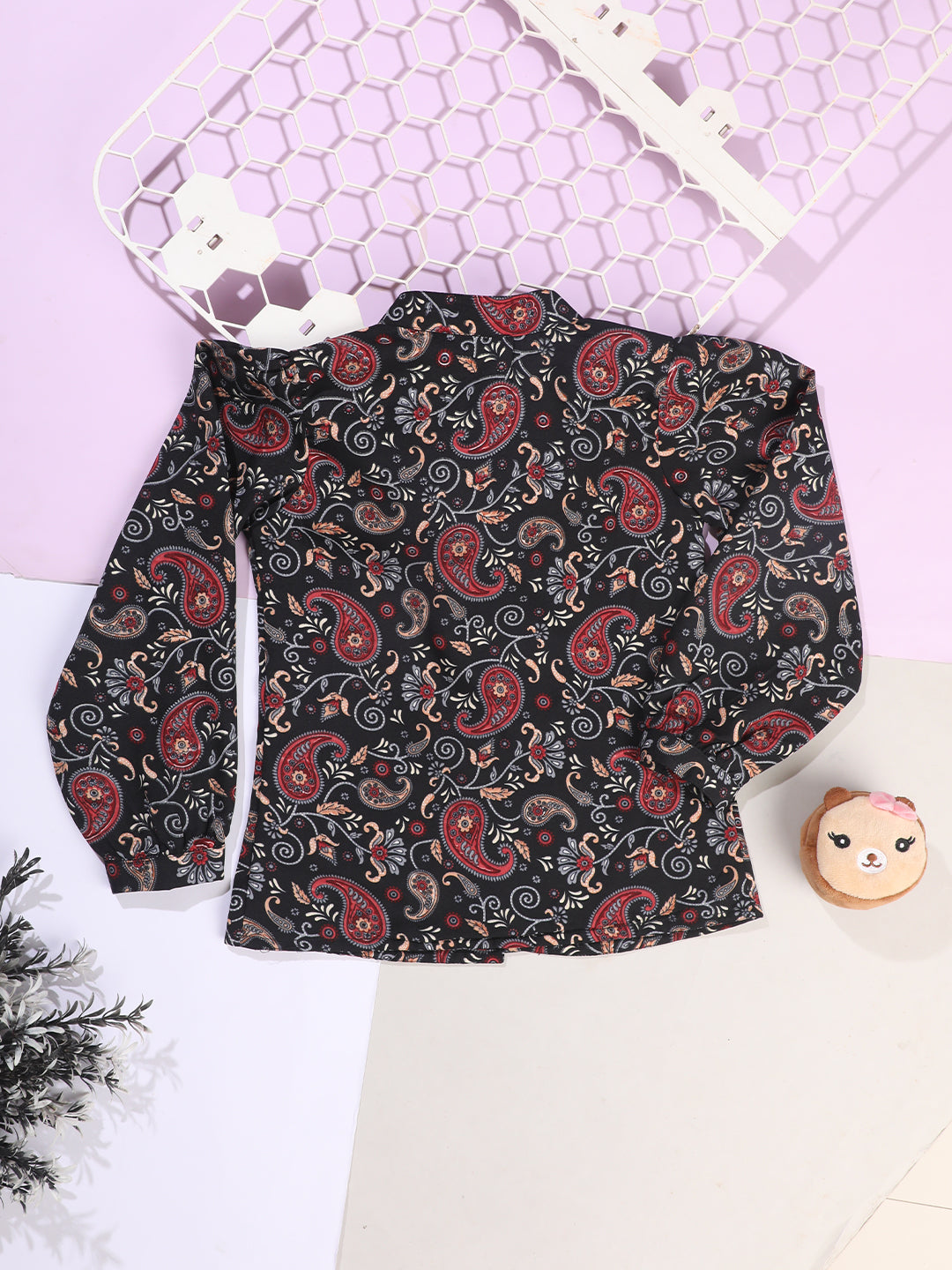 Cutiekins Girls Shirt Style Paisley Printed Top -Black & Maroon