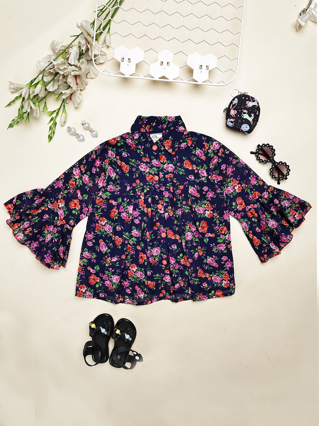 Cutiekins Girls Shirt Style Adorable Floral Print Casual Top -Dark Blue & Pink