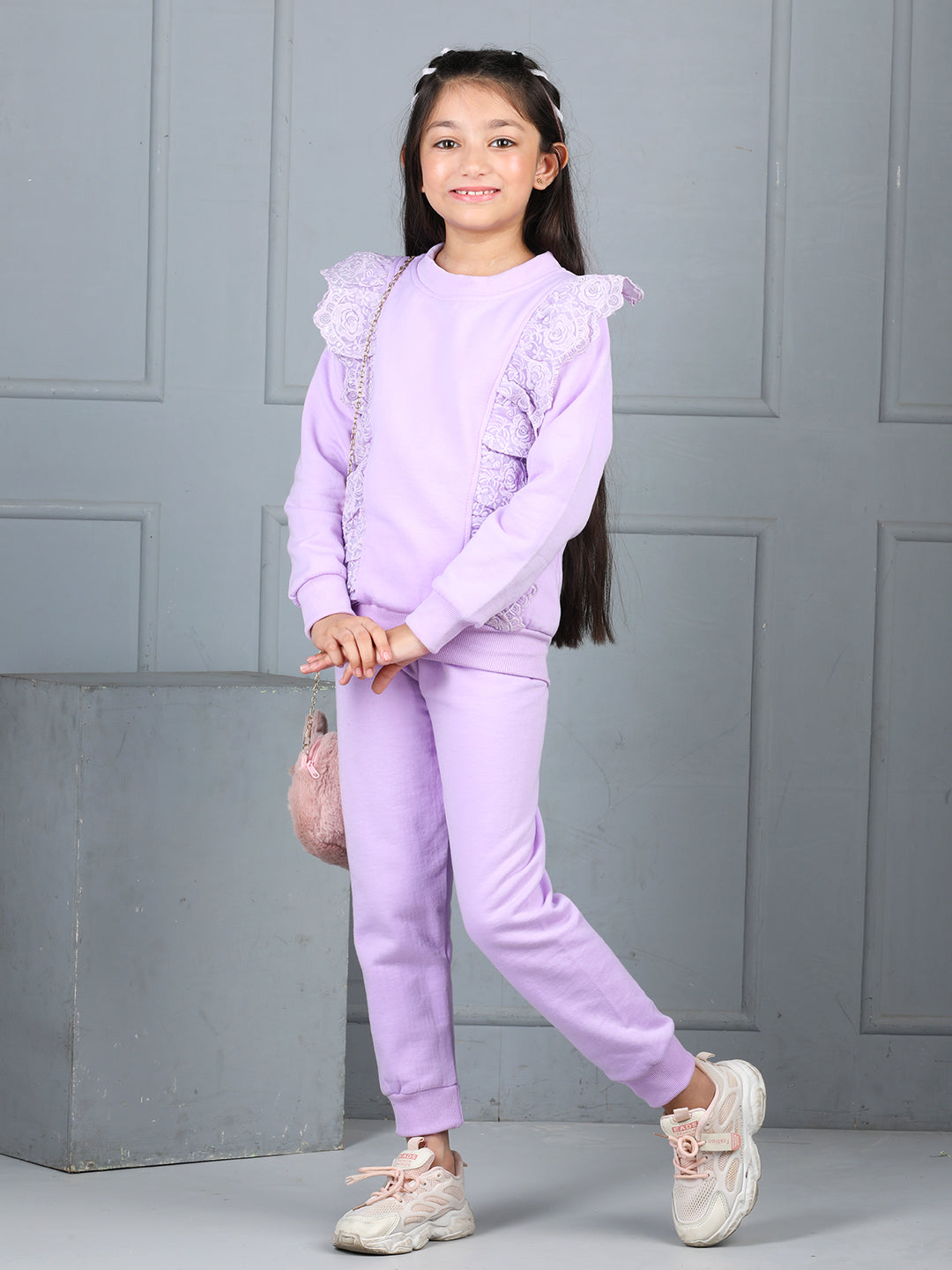 Cutiekins Girls Solid Embellished Cozy Tracksuit -Lavender