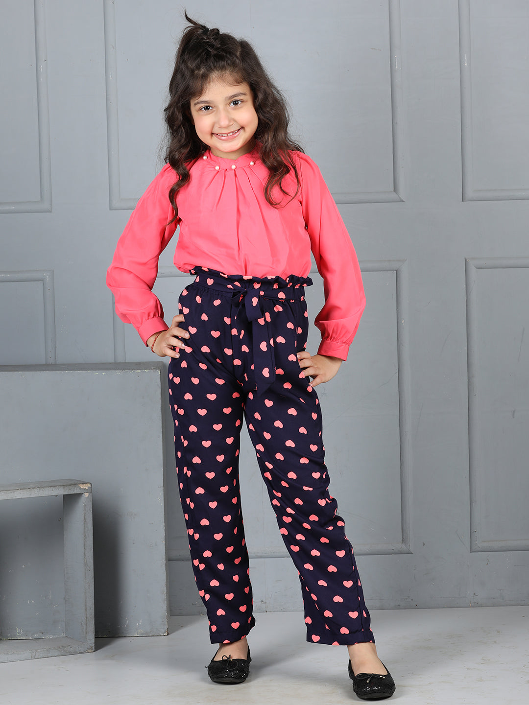 Cutiekins Girls Solid Embellished Top With Printed Trouser -Coral & Dark blue