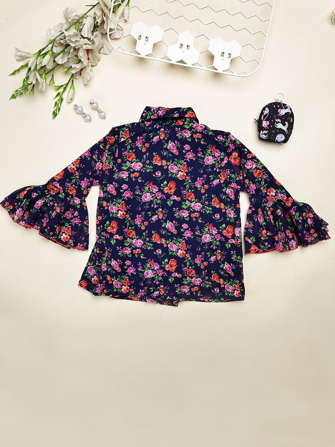 Cutiekins Girls Shirt Style Adorable Floral Print Casual Top -Dark Blue & Pink