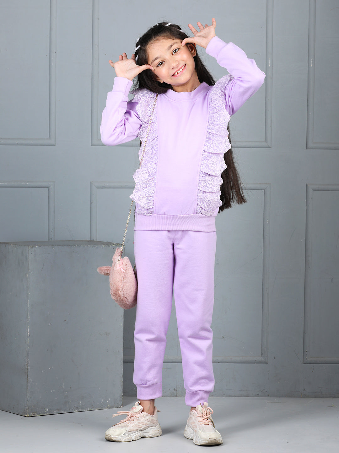 Cutiekins Girls Solid Embellished Cozy Tracksuit -Lavender