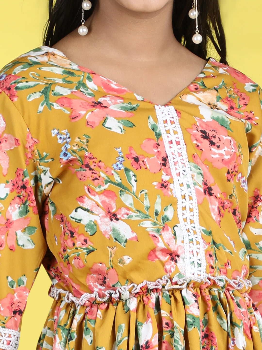 Cutiekins V-Neck Printed Flared Dress-Mustard & Pink