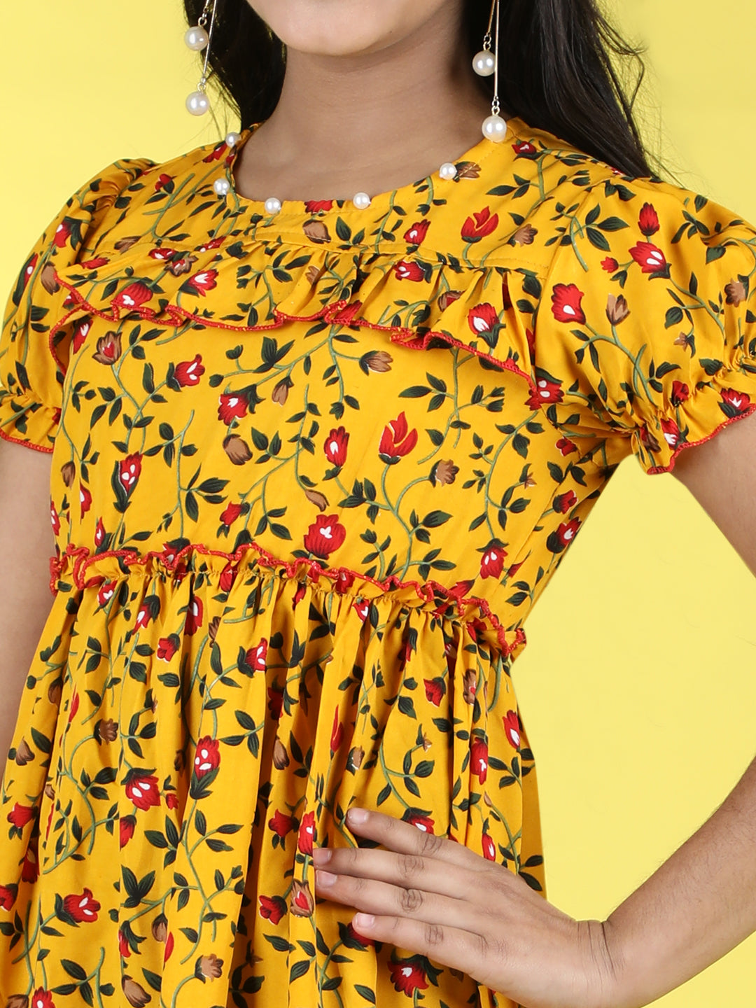 Cutiekins Round Neck Printed Flared Dress-Mustard & Red