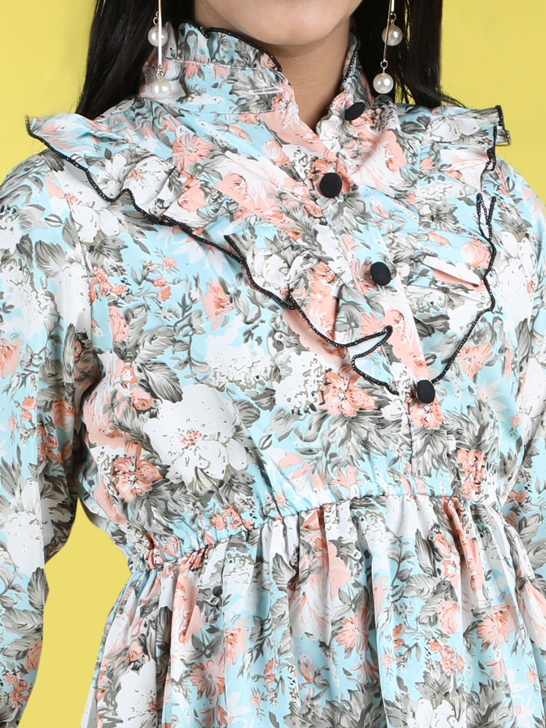 Cutiekins Mandarin Collar Printed Flared Dress-Sky Blue & Peach