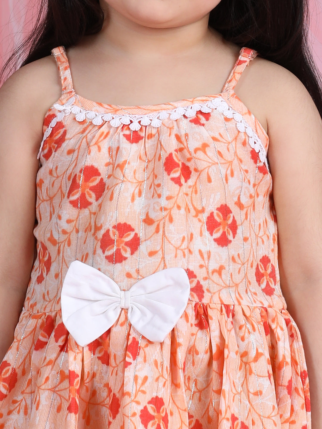 Cutiekins Shoulder Straps Printed Flared Dress-Orange & White