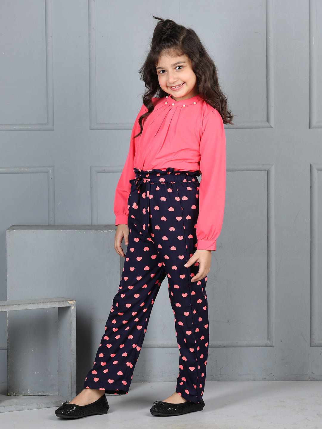 Cutiekins Girls Solid Embellished Top With Printed Trouser -Coral & Dark blue