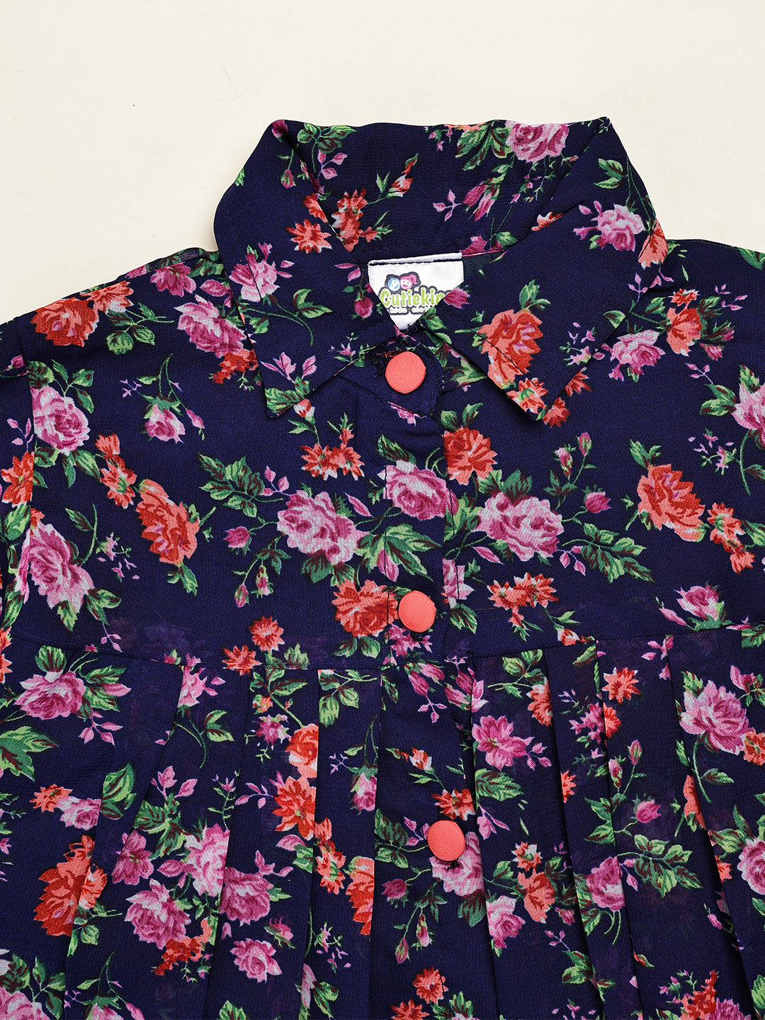 Cutiekins Girls Shirt Style Adorable Floral Print Casual Top -Dark Blue & Pink