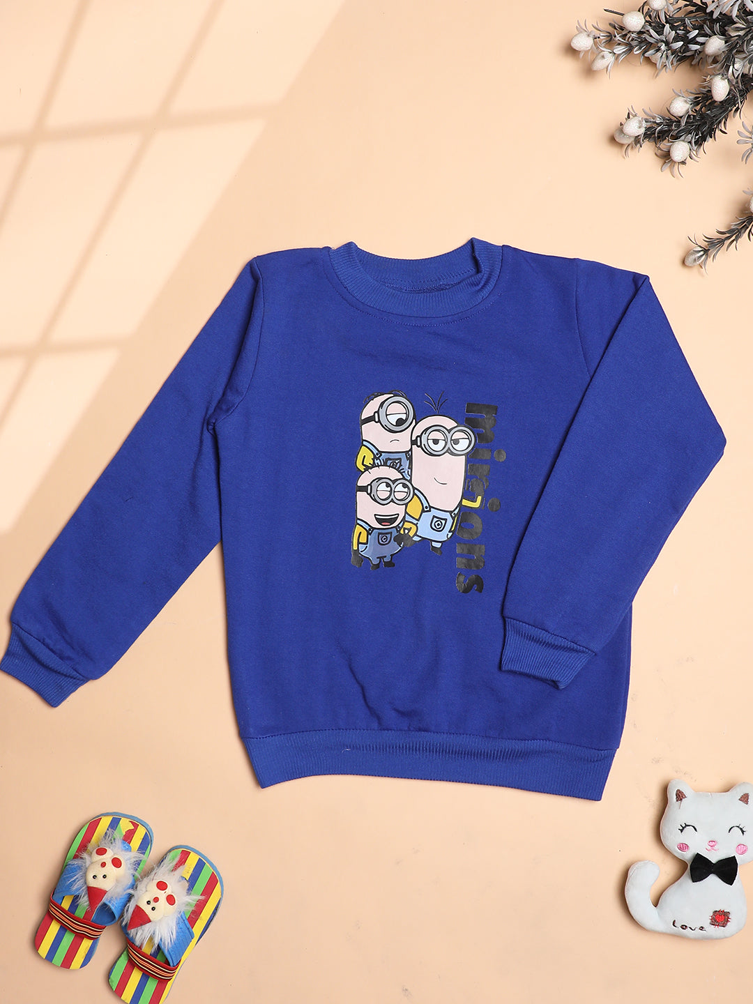 Cutiekins Boys Minions Graphic Print Trendy Winter Sweatshirt -DarkBlue & Nude