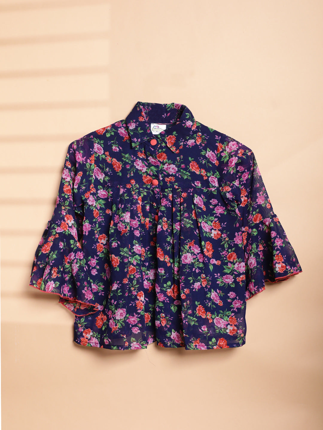 Cutiekins Girls Shirt Style Adorable Floral Print Casual Top -Dark Blue & Pink