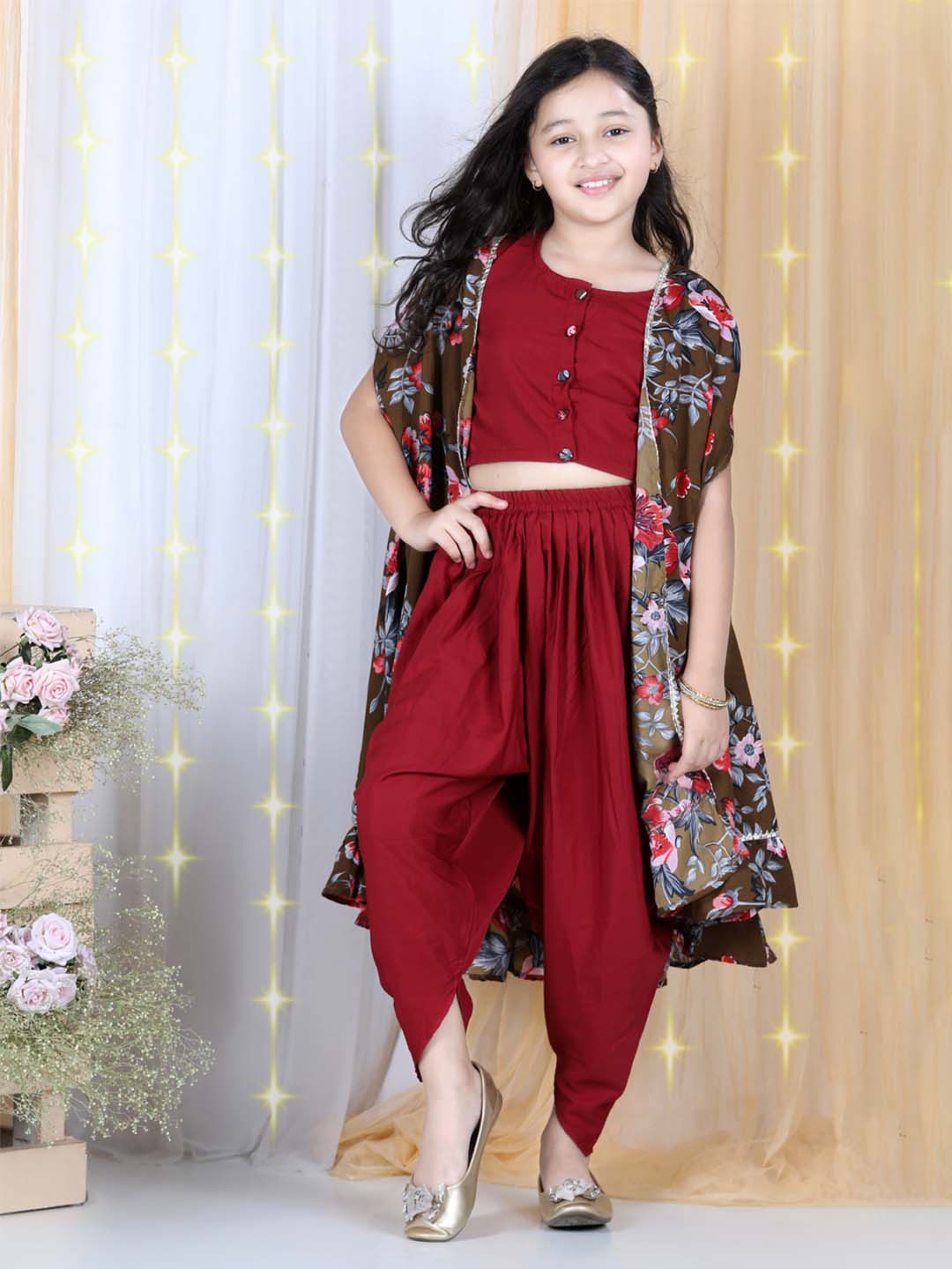 Cutiekins Floral Printed Crop Top ,Dhoti & Cape Set -Maroon