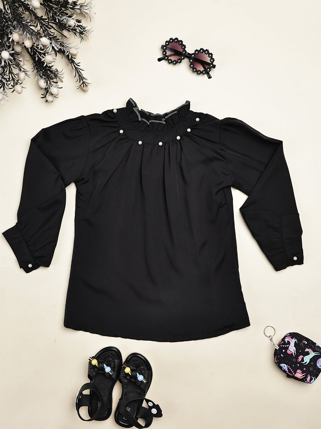 Cutiekins Girls Solid Embellished Casual Top -Black