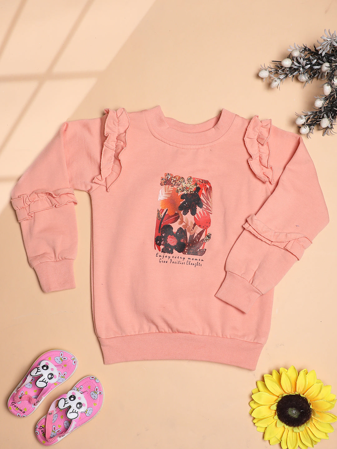 Cutiekins Girls Floral Graphic Print Trendy Winter Sweatshirt -Peach & Black