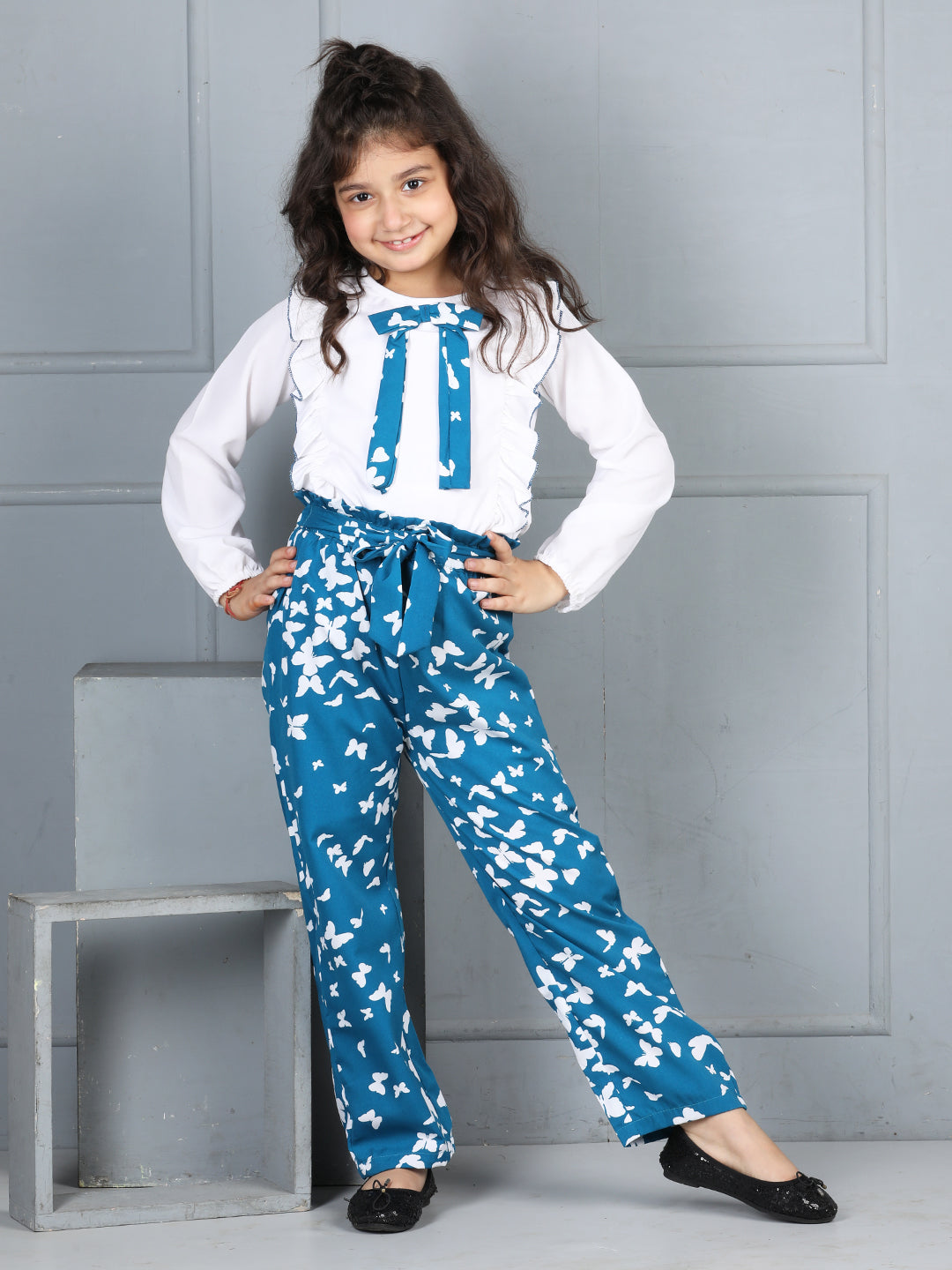 Cutiekins Girls Tie-Up Solid Top With Butterfly Printed Palazzo -Off White & Teal blue