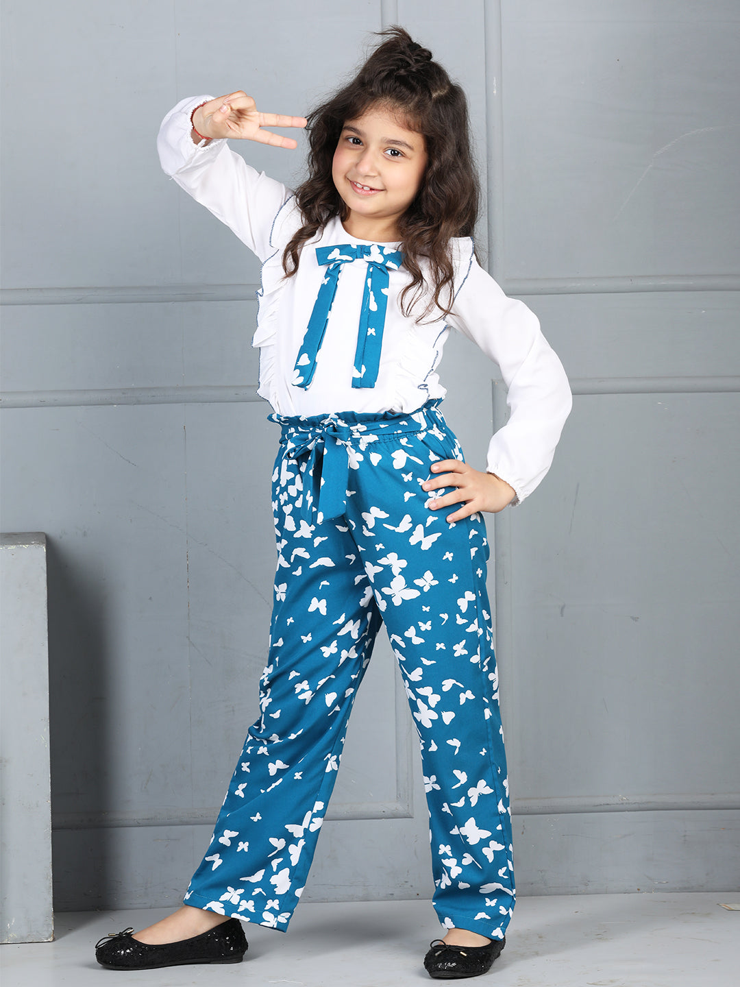 Cutiekins Girls Tie-Up Solid Top With Butterfly Printed Palazzo -Off White & Teal blue