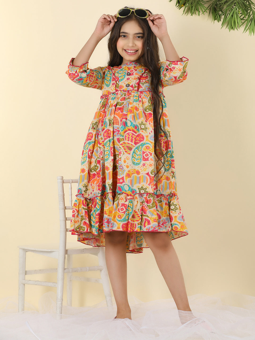 Cutiekins Girls V-Neck Printed Dress -Multicolor